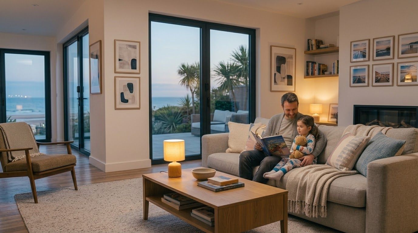 A parent and child reading a Storybranch book together under a lamp