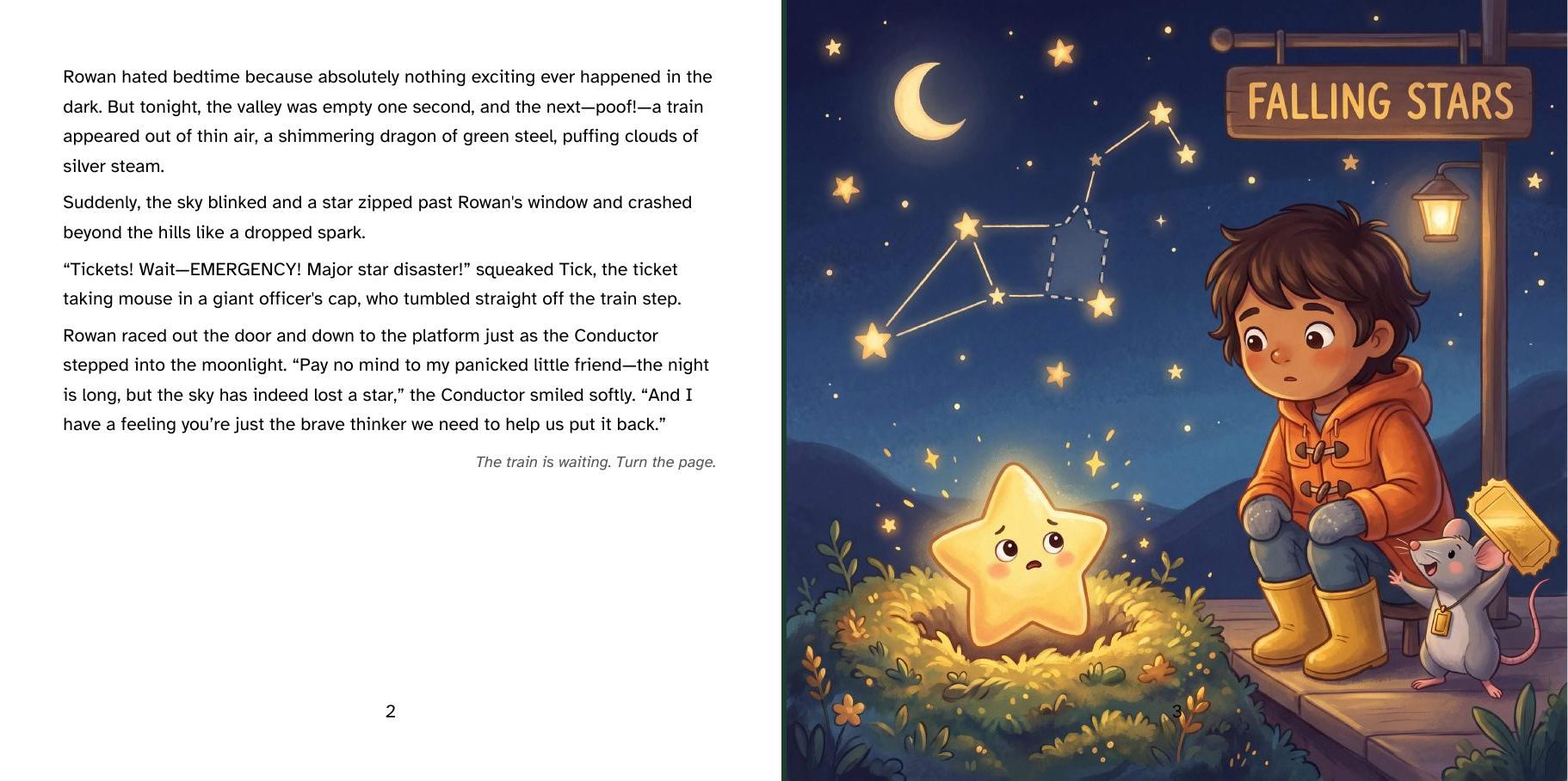 Book 1 spread: Rowan finds the fallen star, and the page asks the child which way to go