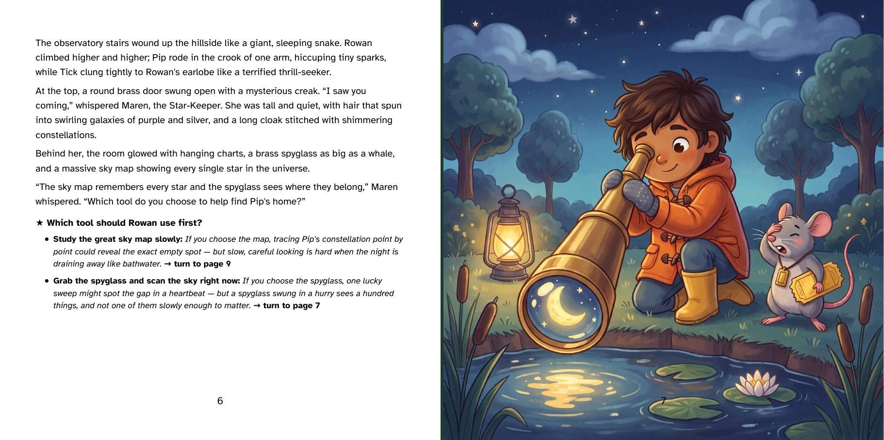 Book 1 spread: the spyglass points at the duck pond, and the Wobbly Moon dead end sends the reader back